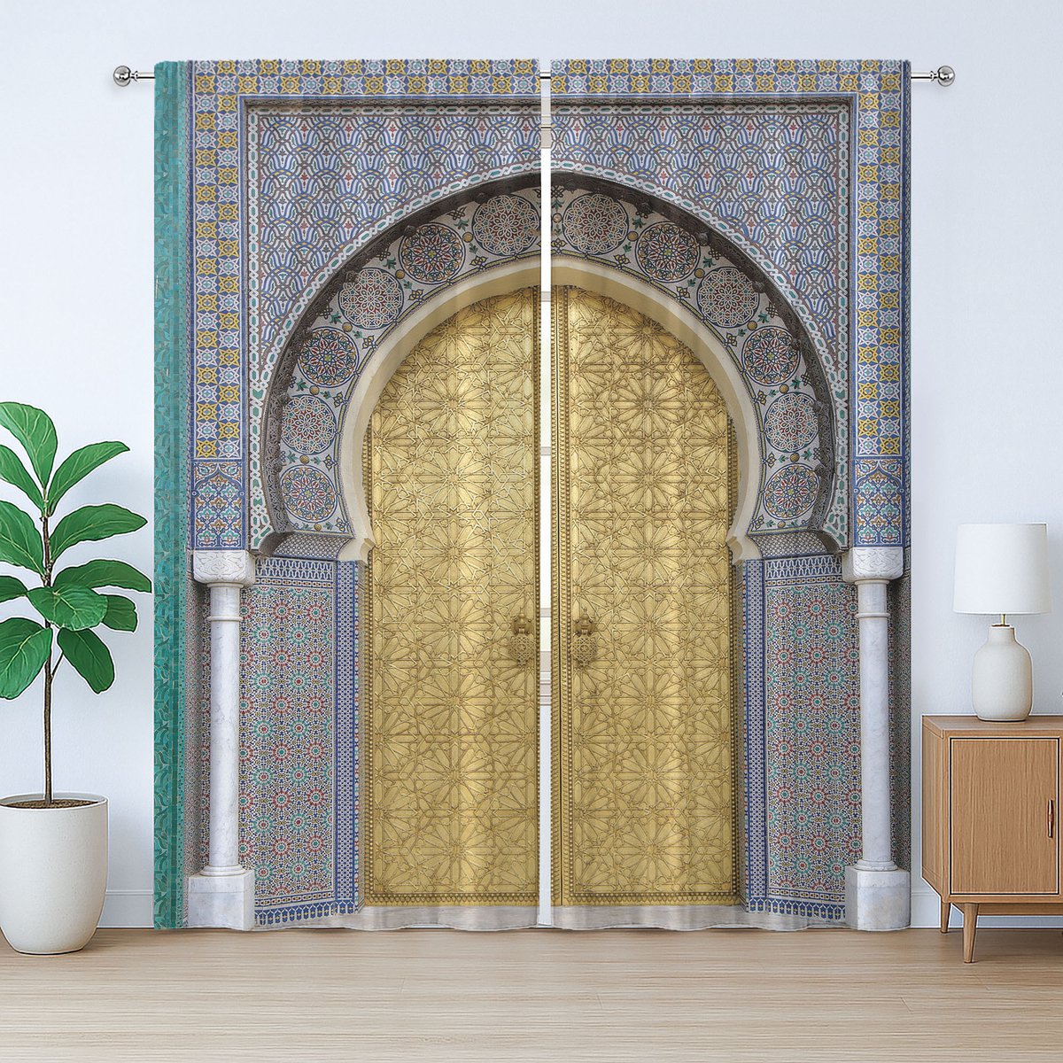 ABAKUHAUS Marokkaans rustiek gordijn, antieke deuren, slaapkamergordijn met lussen en haken, 280 x 175 cm, geelgroenblauw