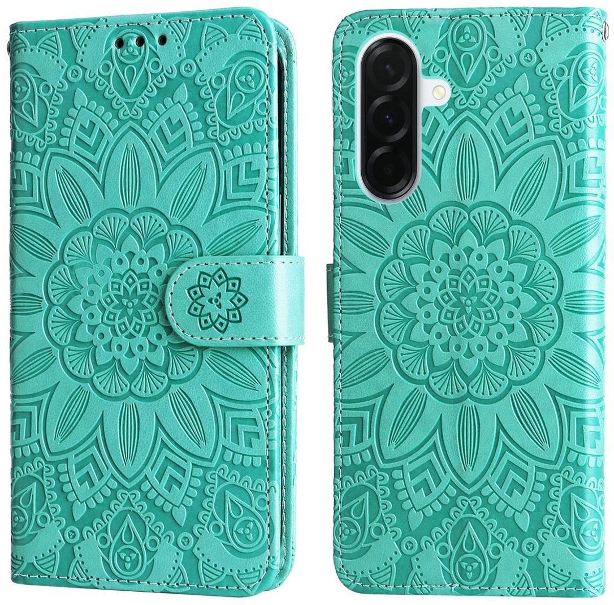 Mobigear Telefoonhoesje geschikt voor Samsung Galaxy A37 Hoesje | Mobigear Sunflower Bookcase Portemonnee | Pasjeshouder voor 3 Pasjes | Telefoonhoesje voor Pinpas / OV Kaart / Rijbewijs - Groen
