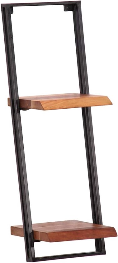 Een tweelaagse wandplank met houten planken en een zwart metalen frame.