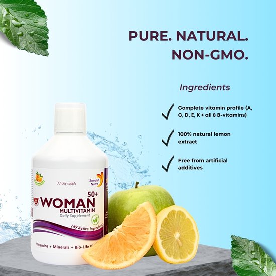 Fles Woman 50+ Multivitamin, met vers fruit. Puur. Natuurlijk. Niet-GMO. Ingrediënten: citroenextract, vitamines.