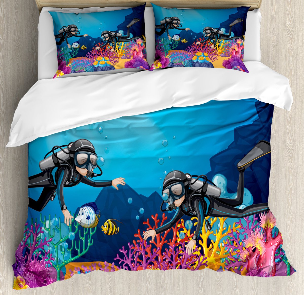 ABAKUHAUS Deep Sea dekbedovertrekset voor tweepersoonsbedden, duikers onder een levendige zee, 230 x 220 cm