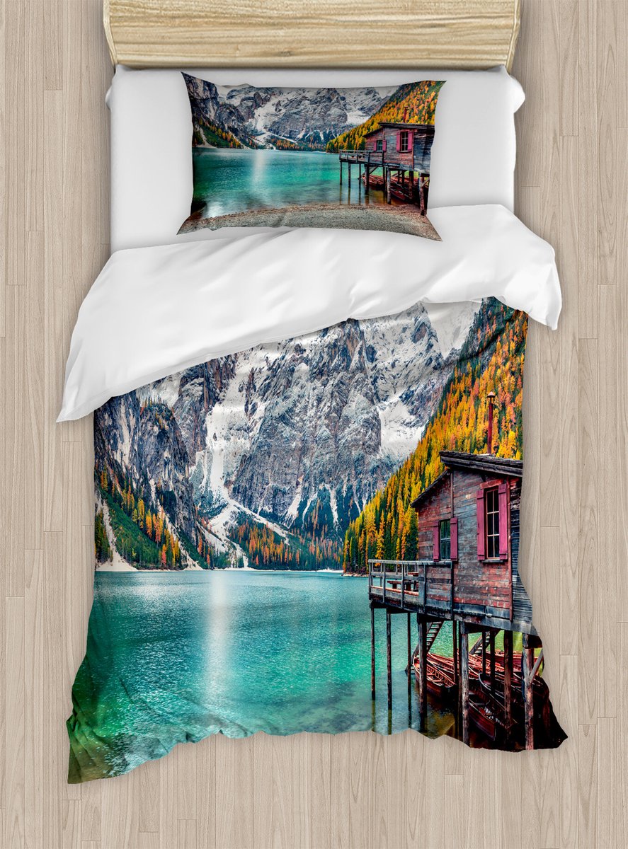 ABAKUHAUS Landschap Dekbedovertrekset voor eenpersoonsbedden, Pragser Wildsee in Alpenzicht, inclusief kussensloop, 130 x 200 cm