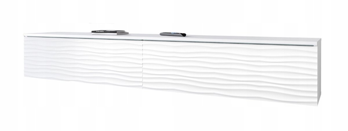 Design TV-Meubel 180 cm – RTV Meubel met 3D Golfpatroon – Hangend of Staand – 2 Deuren – Wit Mat – Voor TV's tot 77 inch