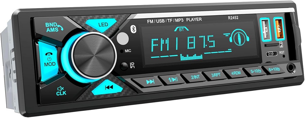 Bluetooth Autoradio met USB Oplaadpoort en LED Verlichting - 1DIN Formaat