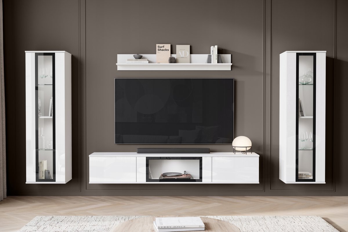 Modern Wandmeubel - 4-delige Set - 180 cm TV-kast, 2 Vitrinekasten & Wandplank - Wit Mat & Wit Hoogglans - Inclusief LED