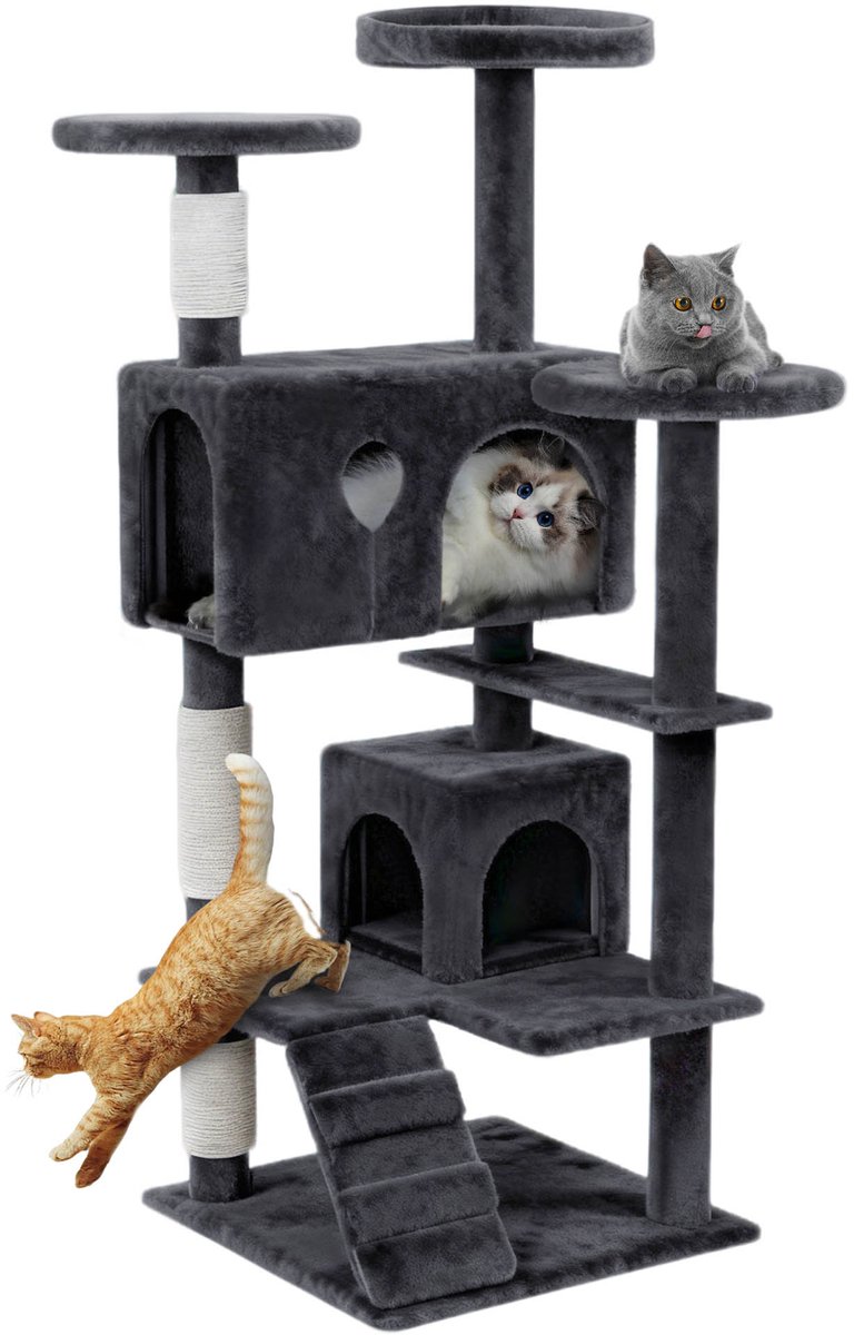 ACXIN Krabpaal 130 cm - met Kattenhuis en Sisalpalen, Donkergrijs