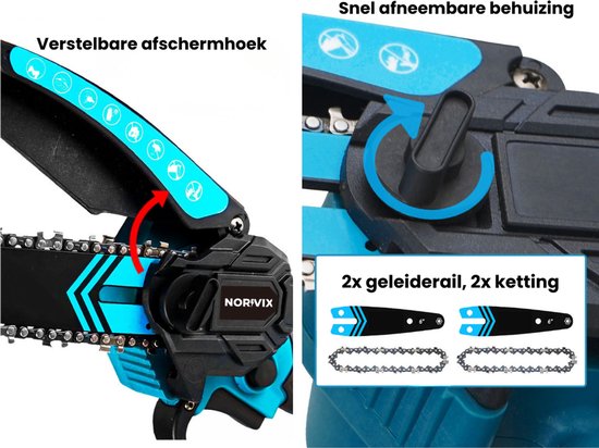 Norvix® Elektrische Mini Kettingzaag - Brushless Snoeizaag - 2 Geleiderail&2 Kettingen– 6 Inch - 2 Accu's - Automatische Smering - Inclusief opbergkoffer en overige accessoires - Blauw van Merkloos	 — afbeelding 3