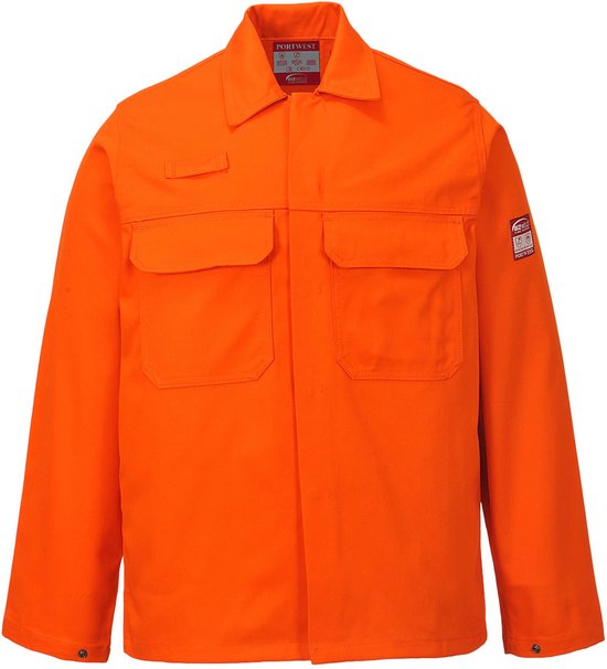Veste de travail Portwest orange avec deux poches poitrine, manches longues et fermeture boutonnée. Étiquette "Portwest Bizweld".