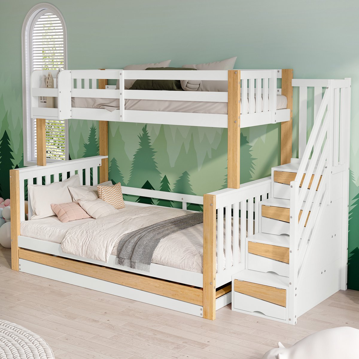MODFU Stapelbed met uitschuifbed – 90x200 cm, 120x200 cm en uitschuifbed 90x190 cm – grenen en MDF – wit/naturel