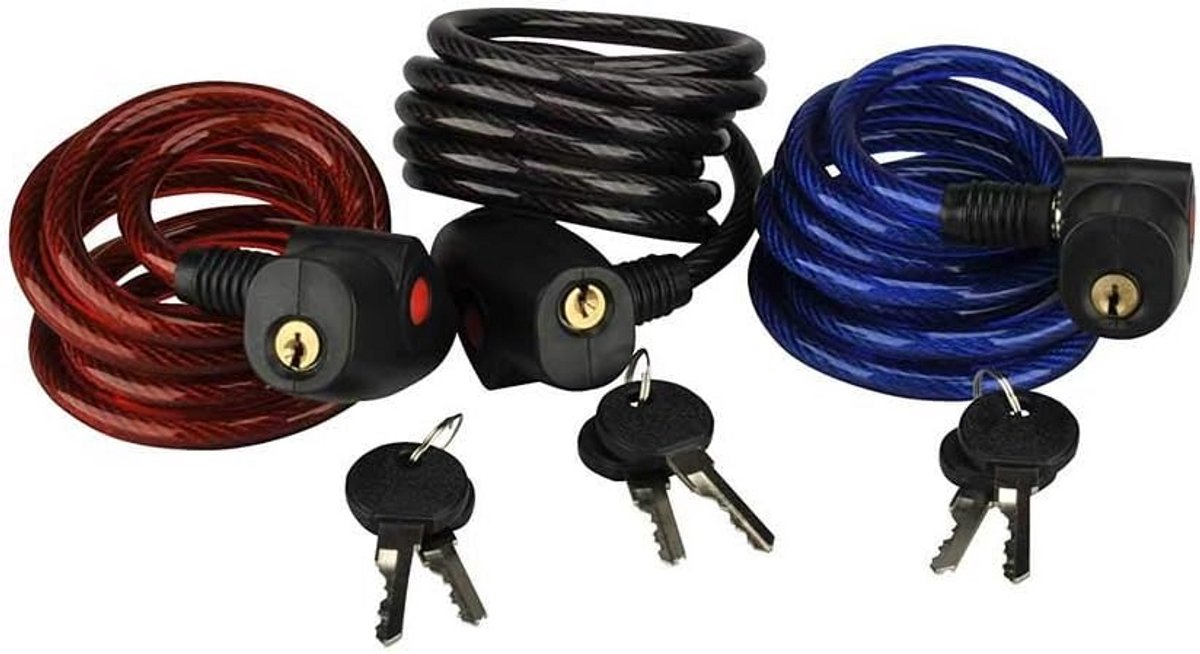 3x Spiraalslot Fiets - Kabelslot Set - 180 cm Lang en 8 mm Dik - Assorti Kleuren