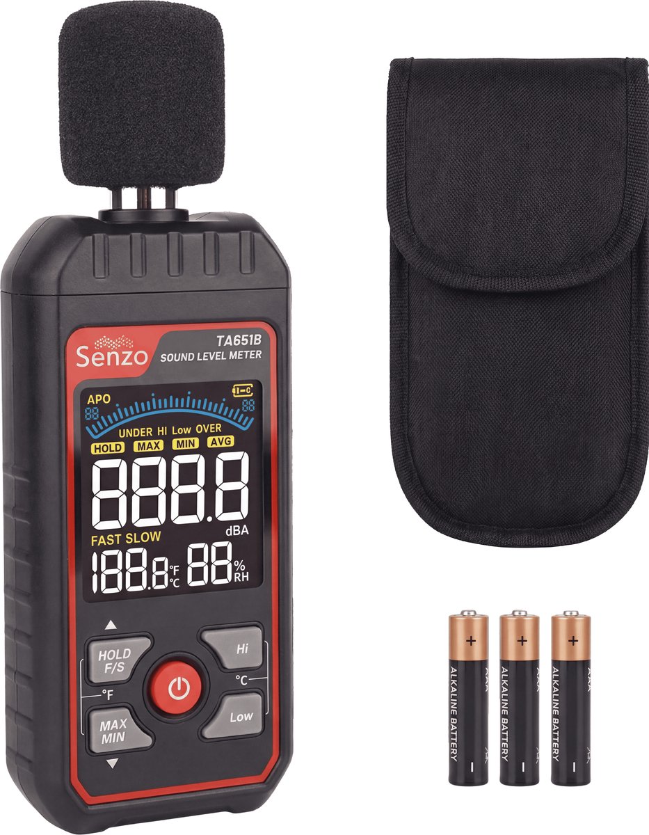 Senzo Decibelmeter - dB Meter - Geluidsmeter - Geluidsisolatie - Vochtigheidsmeter - 30 tot 130 dB - Incl. Batterijen