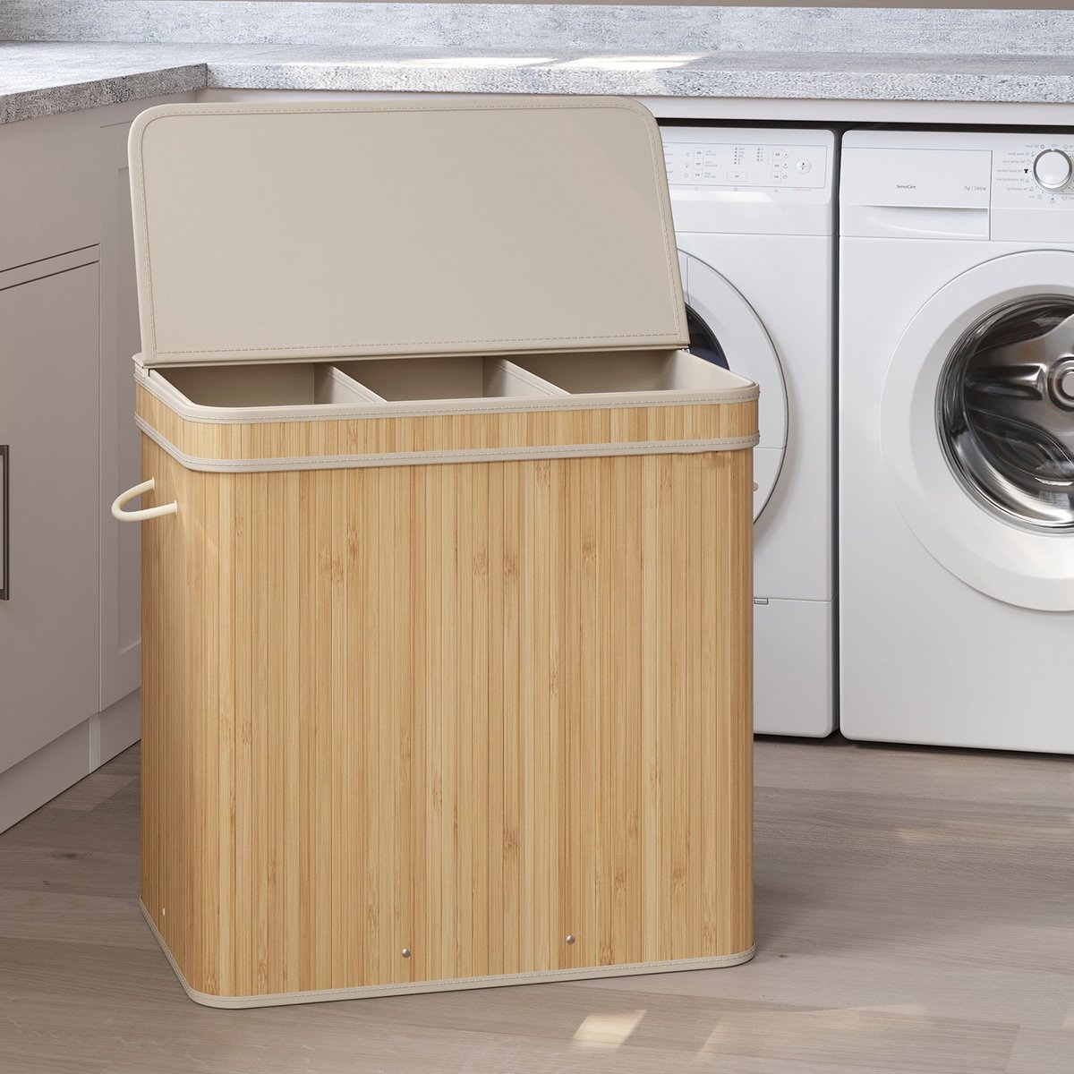 Wasmand – Bamboe – Beige – 150 liter met deksel en handvatten