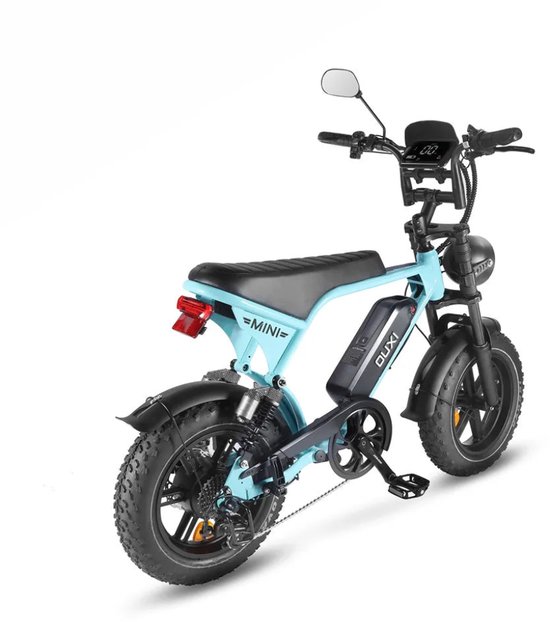 OUXI V8 Ultra Mini Elektrische Fatbike - Ingebouwd Alarmsysteem - Inclusief Voetsteuntjes - Inclusief Voorrekje -16 Inch - 250W Motor - 7 Versnellingen - 50 km Actieradius - Mechanische Schijfremmen - Lichtblauw — afbeelding 3