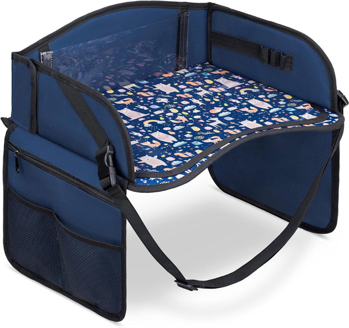 Aurixi® Reistafel voor Kinderen - Tablethouder – Inklapbare Autotafel – Speeltafel Auto Met Zijvakjes - Opvouwbare Reistafel - Auto Organizer Kinderen - Tekentafel Auto - Blauw - 41cm x 34cm x 3cm