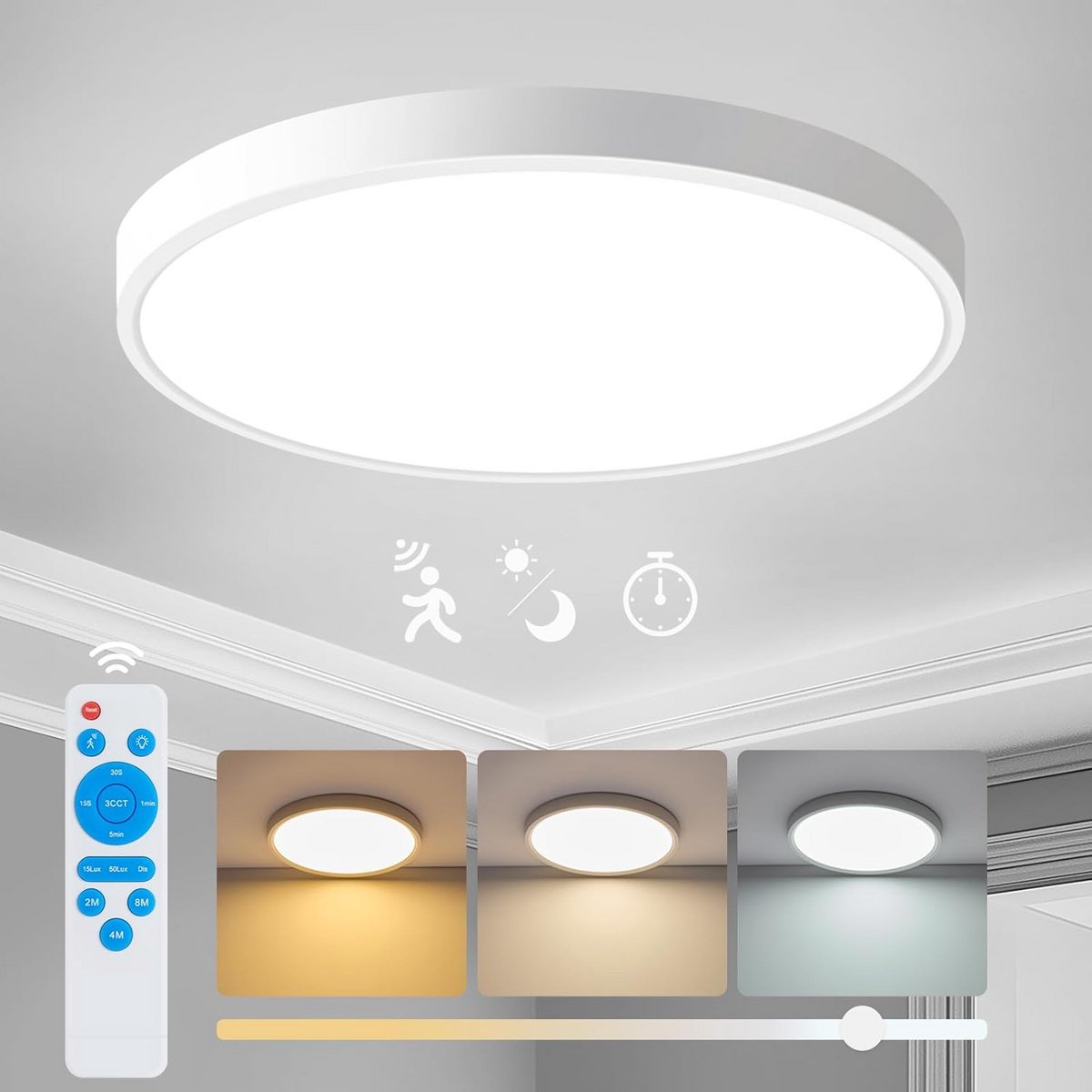 Ronde LED Plafondlamp 24W met Bewegingssensor en Afstandsbediening Dimbare Kleurtemperatuur IP44