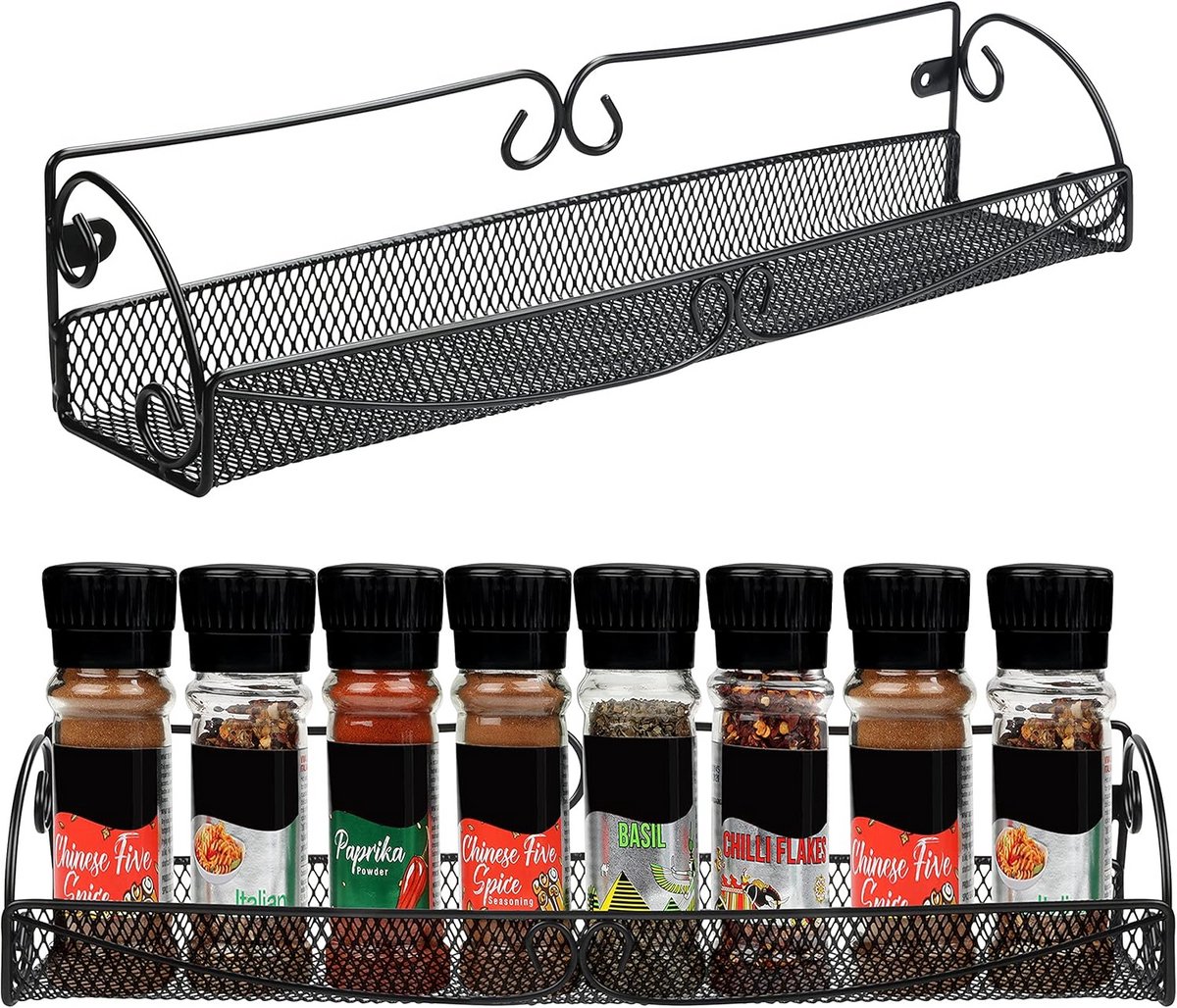 2x Zwarte Wandplank Kruidenrek Set - Hangende Opslag Organizer voor Keuken, Boven Kast of Badkamer