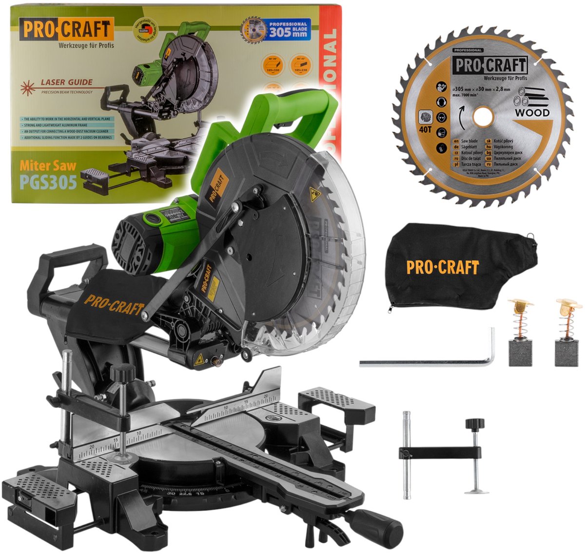 Procraft PGS305 afkort- en verstekzaag 2000 W + 305 mm zaagblad 40 Z & stofzak