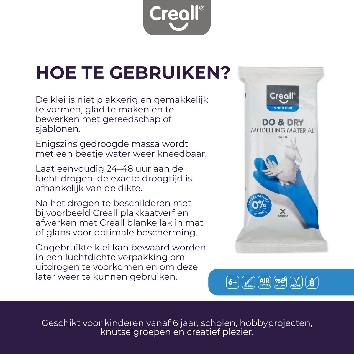 Creall Do & Dry | Luchtdrogende klei kleur Wit | 1 x 1000g | Made in Holland | Zacht en klaar voor gebruik | Made in Holland | Knutselwerk kinderen, school, hobby, DIY en creatieve projecten — afbeelding 3