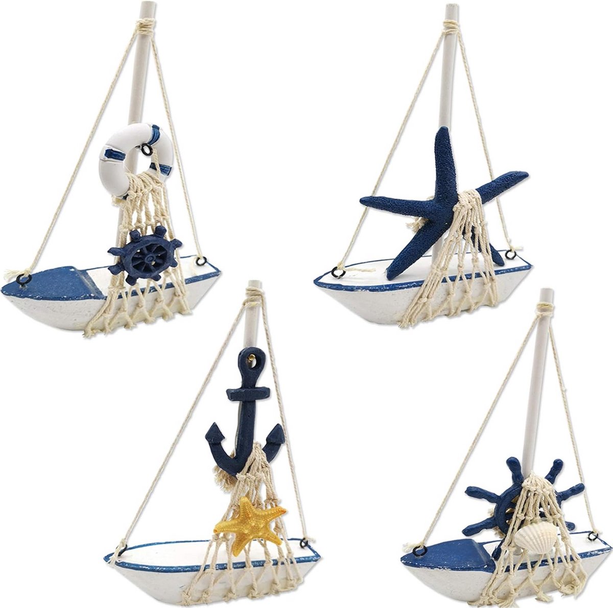 Set van 4 Houten Mini Zeilbootjes voor Maritieme Huisdecoratie