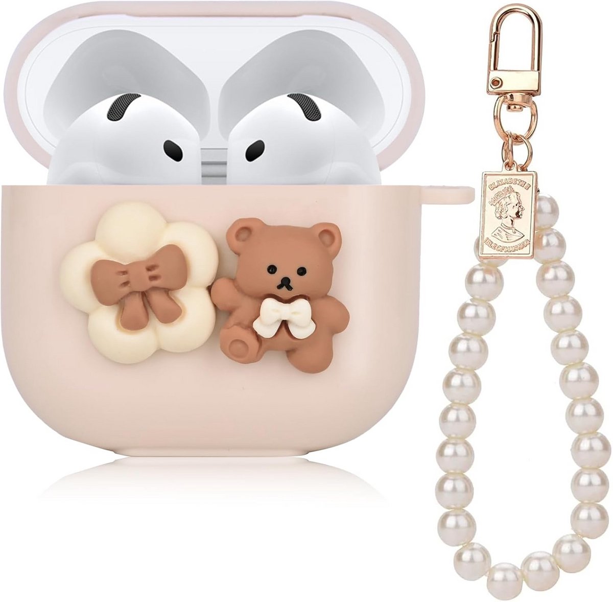 Schattig AirPods 4 Hoesje met Bloem Beer en Parelketting - Zachte Beschermhoes 2024
