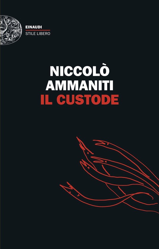 Couverture du livre 'Il Custode' de Niccolò Ammaniti, avec texte rouge sur fond noir et un dessin rouge de tentacules.