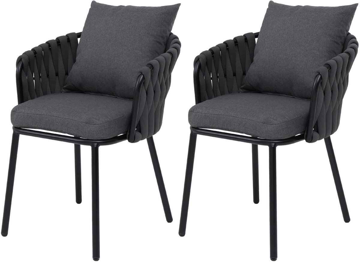 Set van 2 aluminium tuinstoelen MCW-P89, tuinstoel Outdoor stoel, stof/textiel (180 g/m²) touwvlechtwerk Rope ~ antraciet