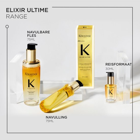 Kérastase Elixir Ultime L'Huile Originale Navulbare Haarolie + Cadeau - Voor Intense Voeding, Glans, Anti-frizz & Hittebescherming - Elixir Ultime Olie 75ml + Chronologiste Haarmasker 75ml Cadeau