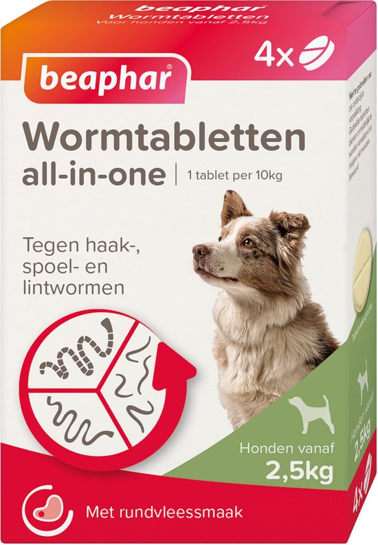 Doos Beaphar wormtabletten voor honden van 2,5kg met rundermaak.