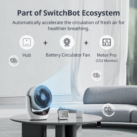 Een witte ventilator staat op een salontafel in een woonkamer, met de tekst 'Part of SwitchBot Ecosystem'.