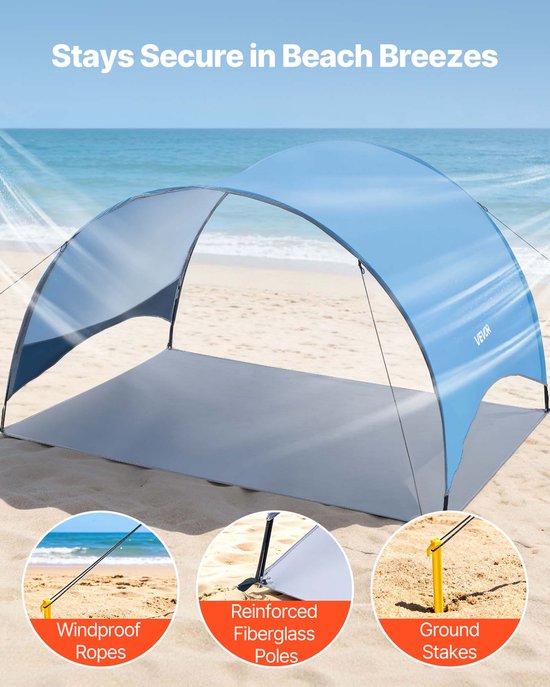 VEVOR strandtent/zonnescherm voor 3 personen, UPF 50+ bescherming, draagbare strandtent met draagtas en haringen, lichtgewicht compacte strandparasol voor kamperen, vissen, picknicken, zonnebaden van Merkloos — afbeelding 3