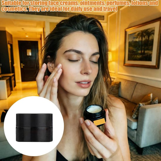 Bruine Glazen Crèmepotjes - Lege Potjes voor Crèmes en Cosmetica - Set van 12 - Met Deksel, Scraper en Stickers - UV-beschermend - Herbruikbaar - 5 ml — afbeelding 2