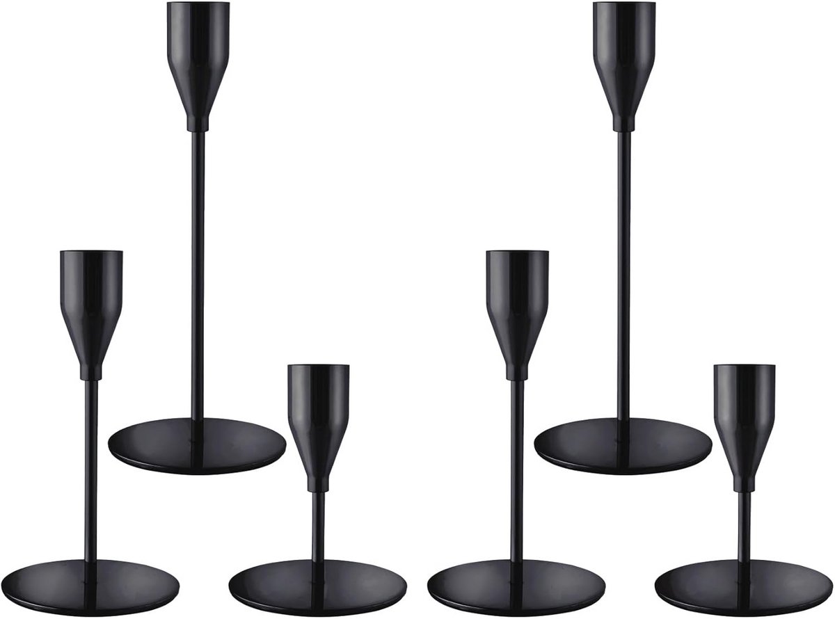Set van 6 Zwarte Metalen Conische Kandelaars - Elegant voor Tafeldecoratie en Sfeerverlichting