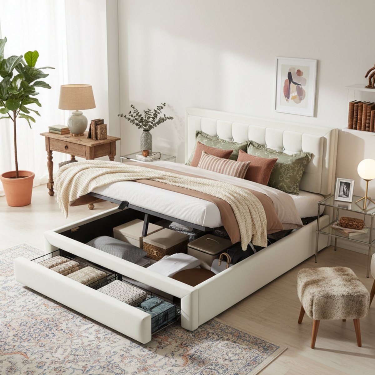 Gestoffeerd bed - 140x190 cm - Hydraulisch met 2 Laden - Inclusief Lattenbodem - Fluweel - Beige