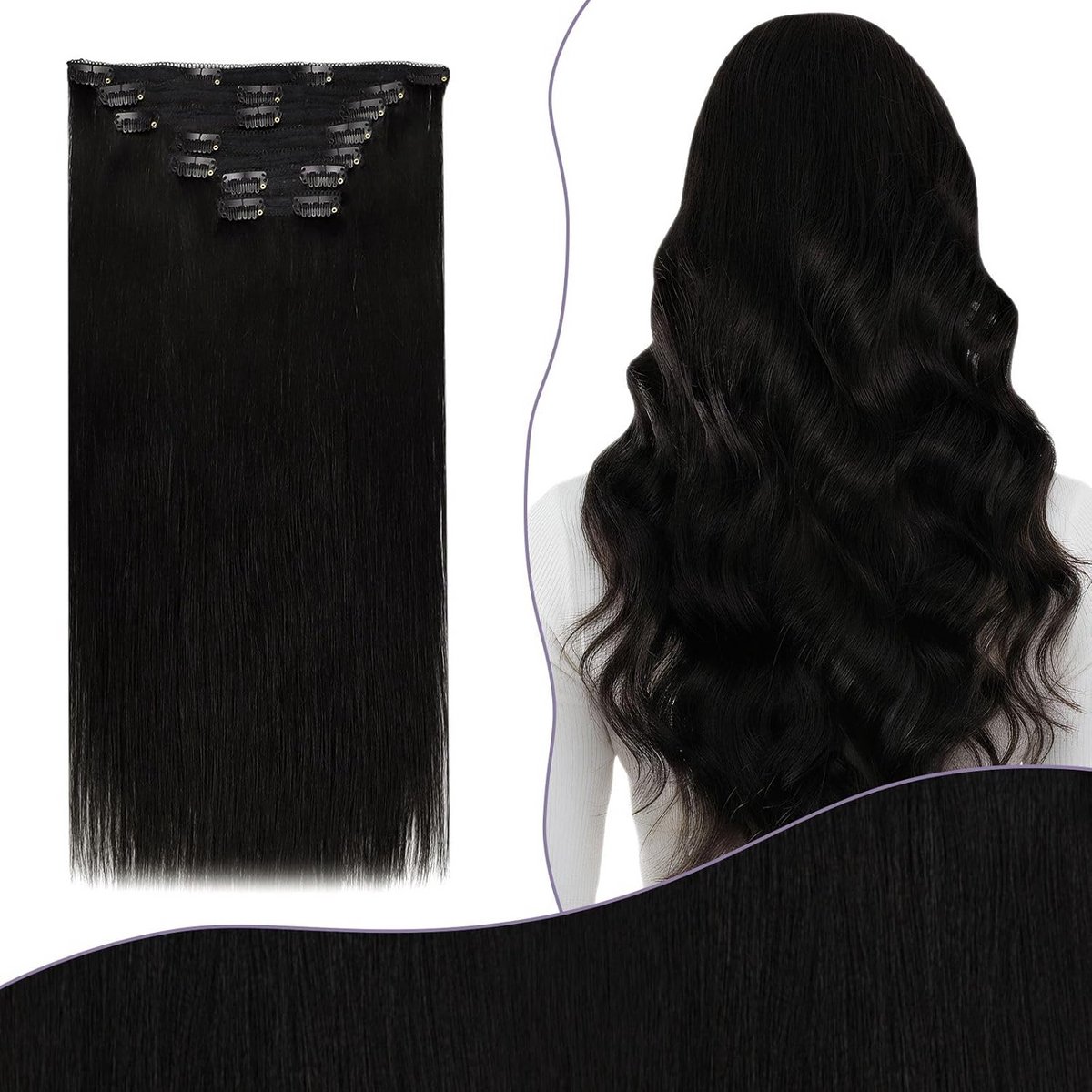 Steil Clip-in Haarverlenging Echt Haar 40 cm Zwart Volume