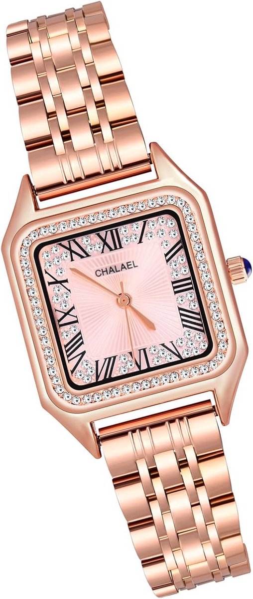 Elegant Dames Horloge Roségoud Rechthoek Analoog met Romeinse Cijfers en RVS Band