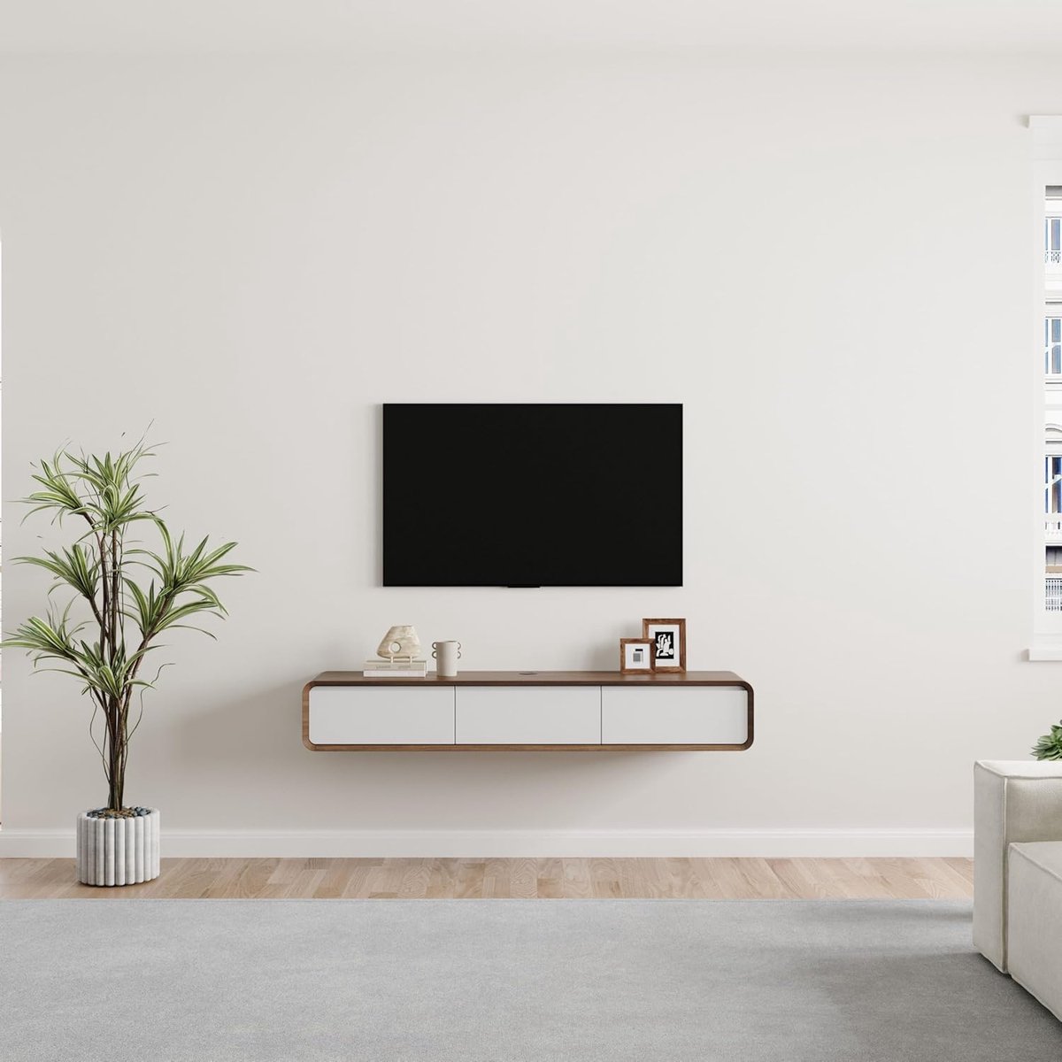 Zwevend TV-meubel 160 cm Modern Wit & Walnoothout – Hangend TV-meubel met 3 Laden, Kabelbeheer, Hoogwaardig Massief MDF en Walnoothouten Afwerking – Pauwhome