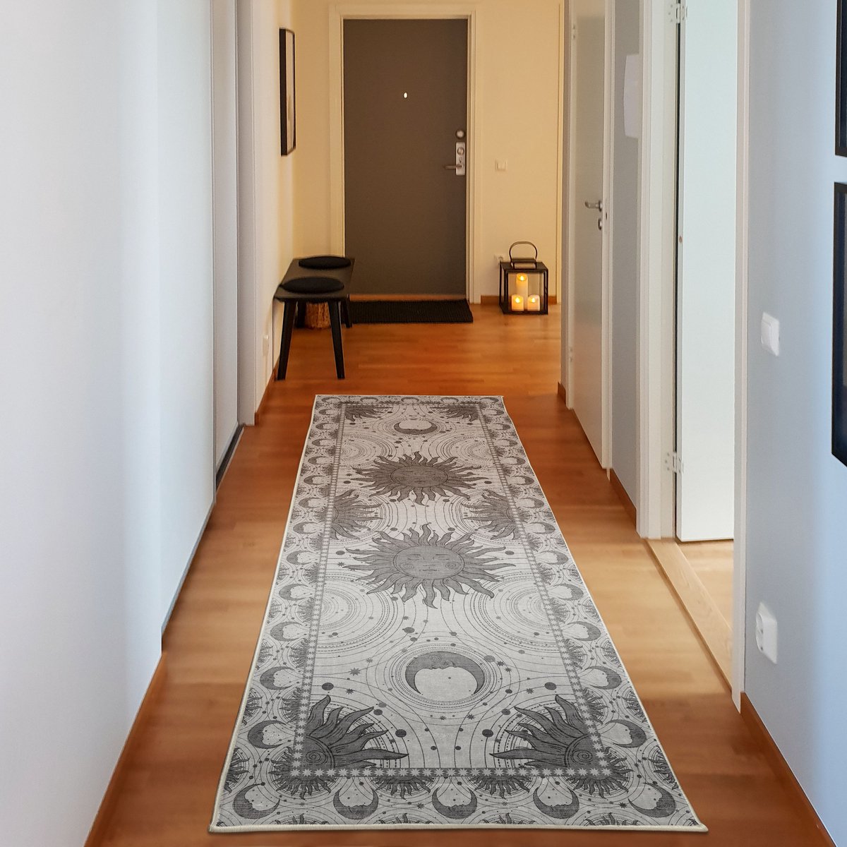 ABAKUHAUS Vloerkleed - Woonkamer Tapijt – zon en maan – 76 x 229 cm – grijs