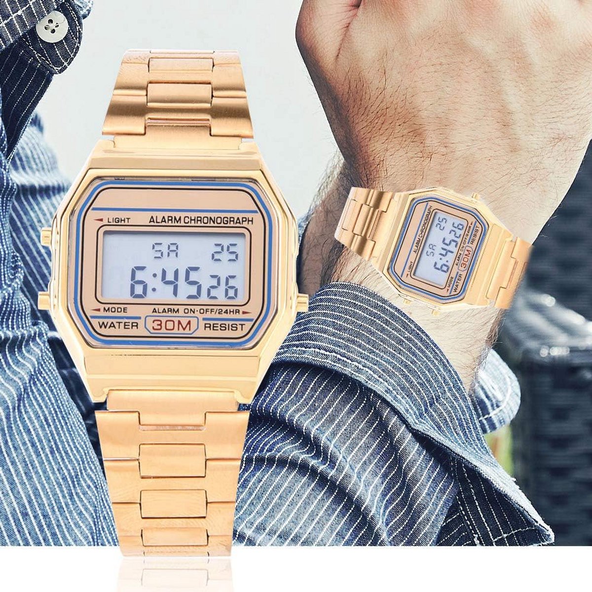 Vintage Digitale Horloge Dames Heren - RVS Band, Waterdicht, LED Display