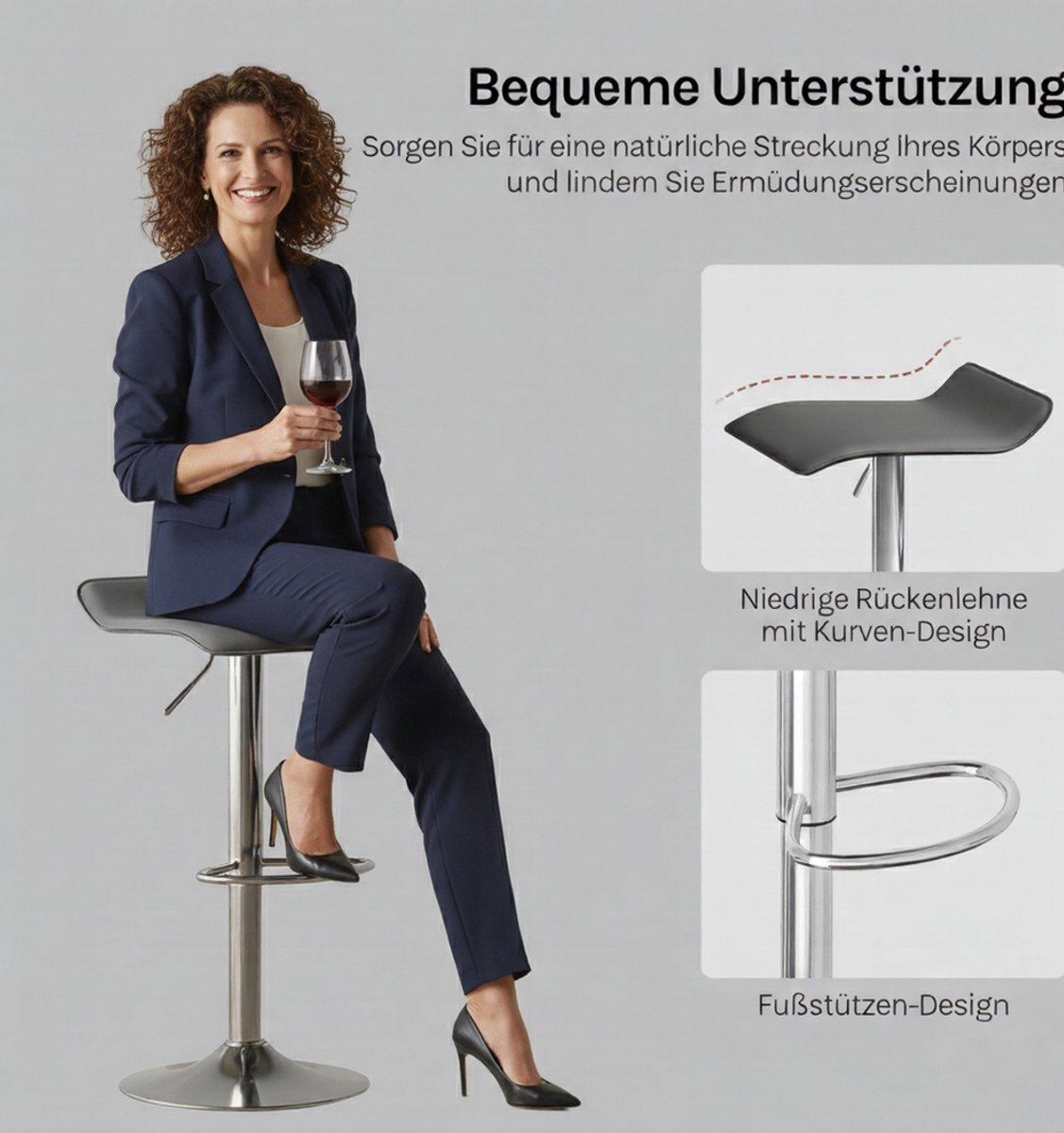 Barkruk Set van 2 House&Garden – In Hoogte Verstelbare 360° Draaibare Barstoelen met Voetensteun – PU-Kunstleer Zitting en Metaal Frame – Modern Bistro, Keuken en Bar Stoel Grijs/Zilver