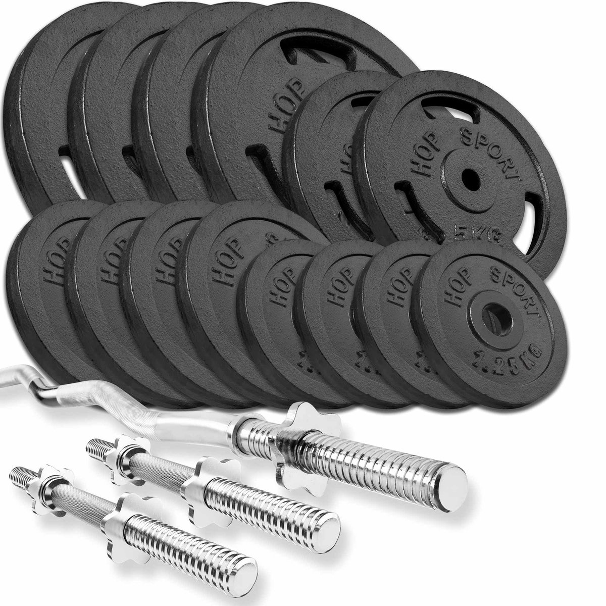 Hop Sport – Halterset 77 kg – SZ Curlstang 120 cm – 2 Korte Halterstangen 40 cm – Gietijzeren Halterschijven 30 mm