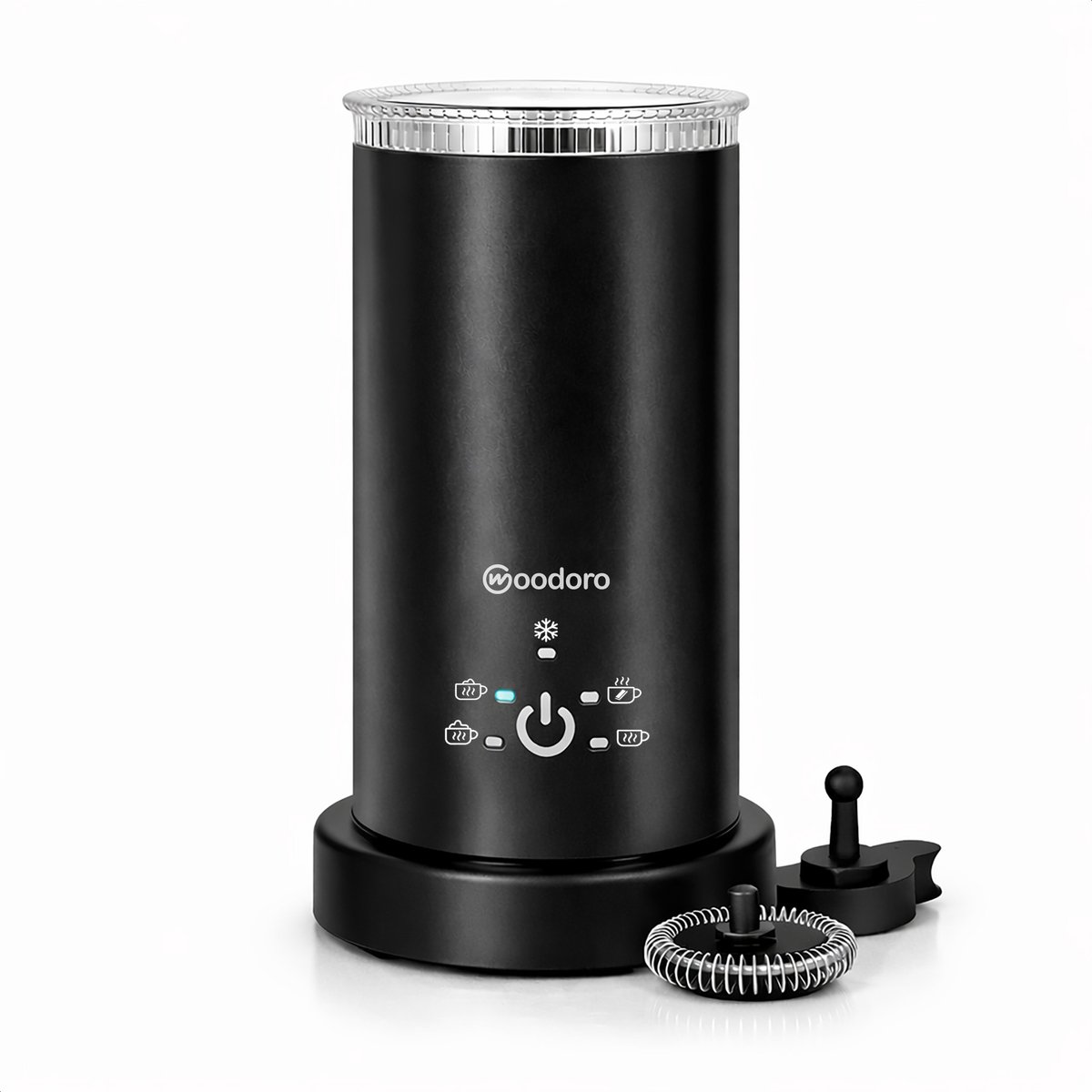 Elektrische Melkopschuimer 5-in-1 – 100% PFAS-vrij – Geschikt voor Alle Melksoorten – Melkschuimer Warm en Koud – Stille Milk Frother – Zwart – Woodoro