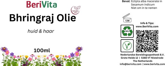 Label met 'BeriVita Bhringraj Olie huid & haar 100ml', bloemen en informatie over het product.