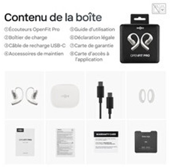 Inhoud van de doos: OpenFit Pro oordopjes, laadcase, USB-C oplaadkabel, handleiding, garantiekaart.