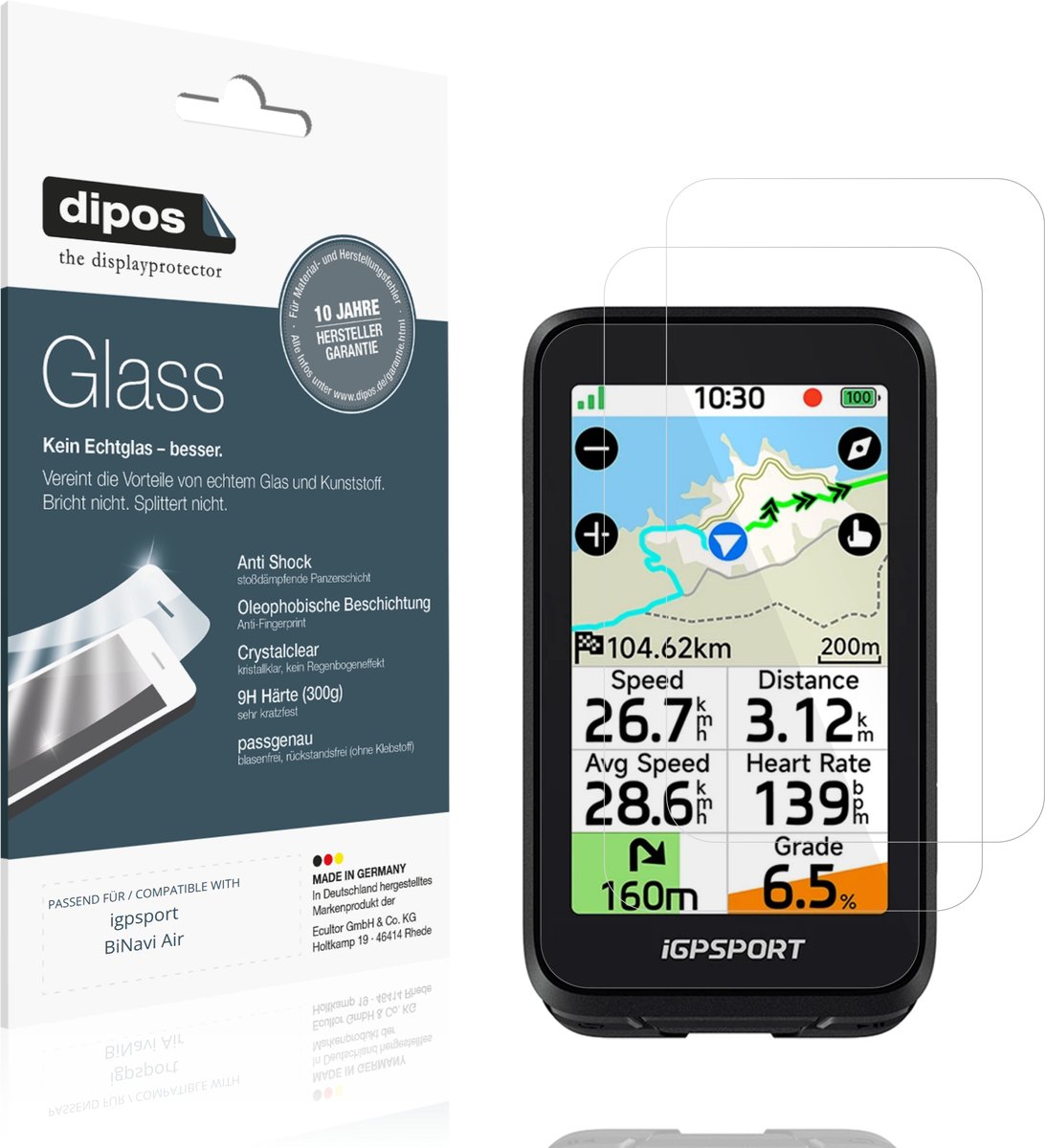 dipos – 2x Pantserfolie geschikt voor igpsport BiNavi Air | 9H Screenprotector