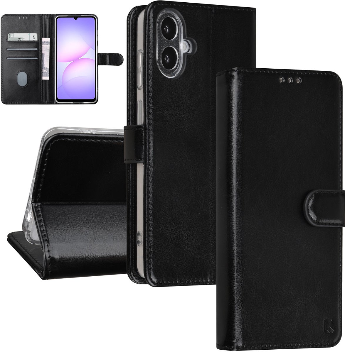 TUNIQ Book Type Case - Galaxy A07 - Zwart - Voor 3 Kaarten - Magnetische Sluiting - Hanger