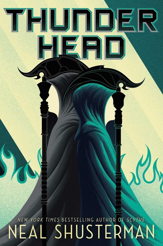 Boekcover "Thunderhead" met twee met capuchons bedekte figuren met zeisen, met vlammen op de achtergrond.