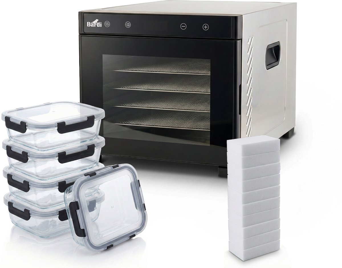 BARDI Professionele 6 Laags Voedseldroger - Dehydrator - Droogoven RVS - 24-Uurs Timer - Led-bedieningspaneel - 650 Watt Met 5 delige glazen meal prep bakjes en 10 wondersponzen