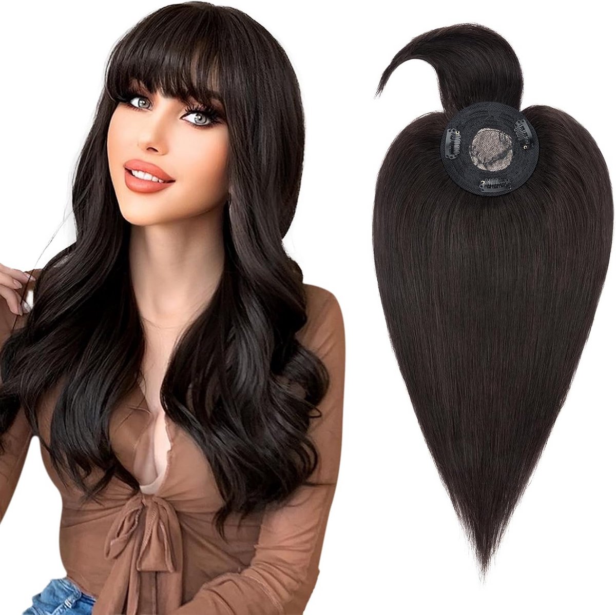 Echt Haar Topper met Pony 40 cm Natuurlijk Zwart Haarstukje