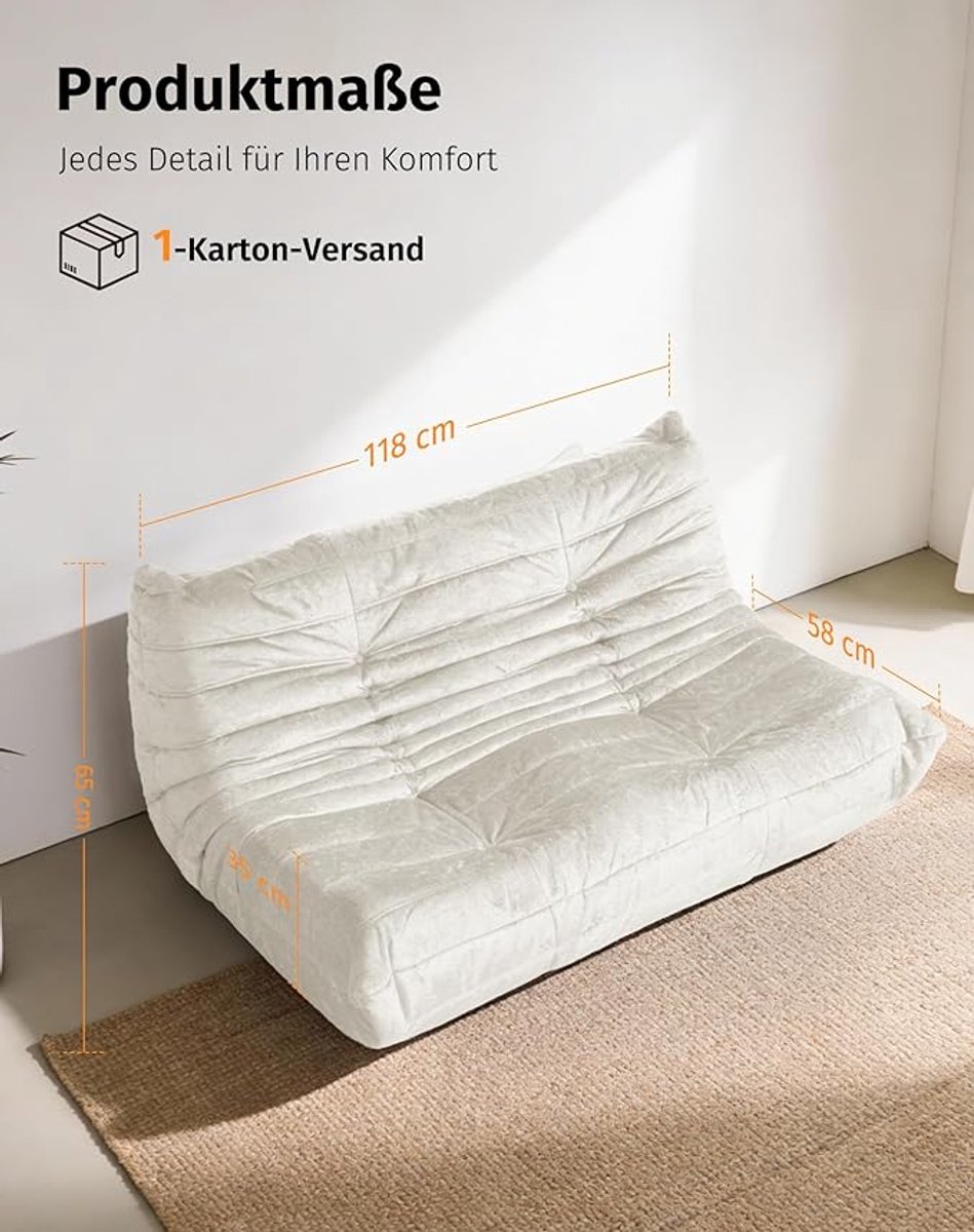 Vloerbank 118 x 93 x 65 cm Beige – Ergonomische Schuimstof Zitzak Bank Zonder Montage – Moderne 2-Zits Loungesofa voor Woonkamer, Slaapkamer & Gaming – Pauwhome