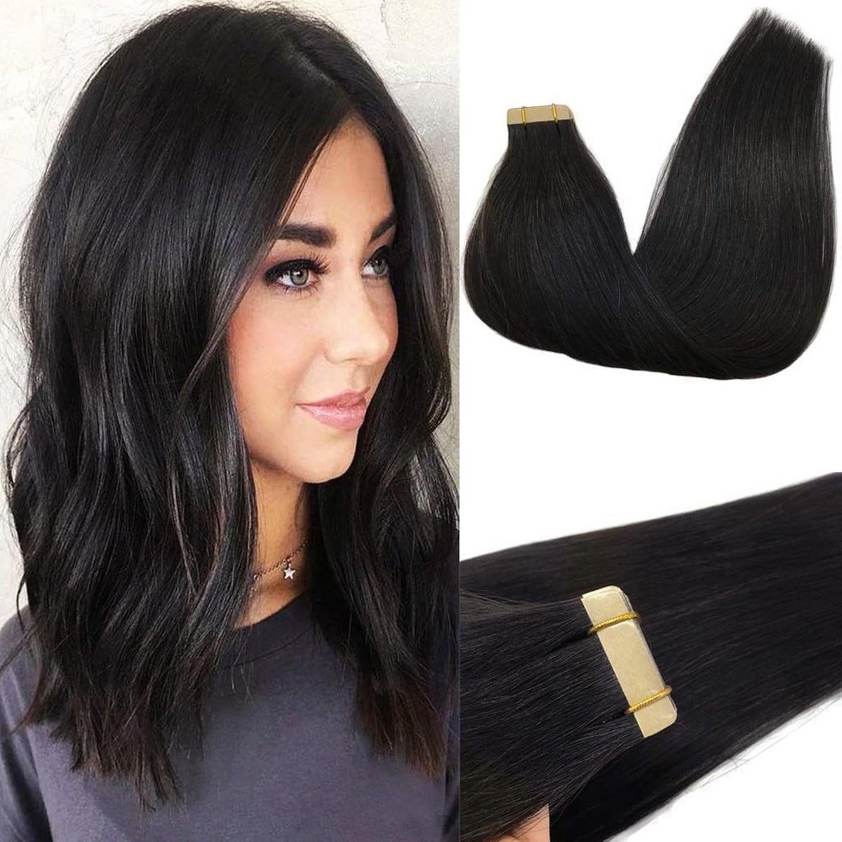 Tape-in Haarverlenging Echt Haar Recht Zwart 40 cm Onzichtbare Plakstrips 20 Stuks